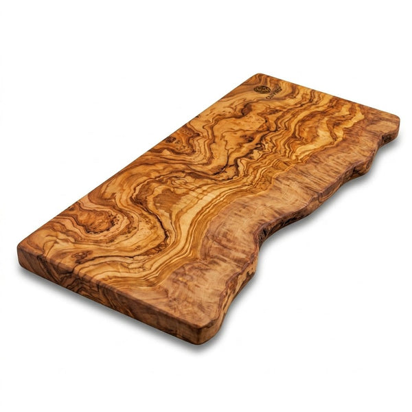 A rustic live-edge wooden serving board with a highly figured grain pattern in warm golden-brown and tan tones, shown on a clean white background.