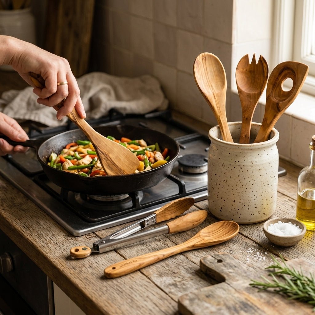 OLIVIKO Olivenholz Küchenset – 6-teilig mit Salatzange