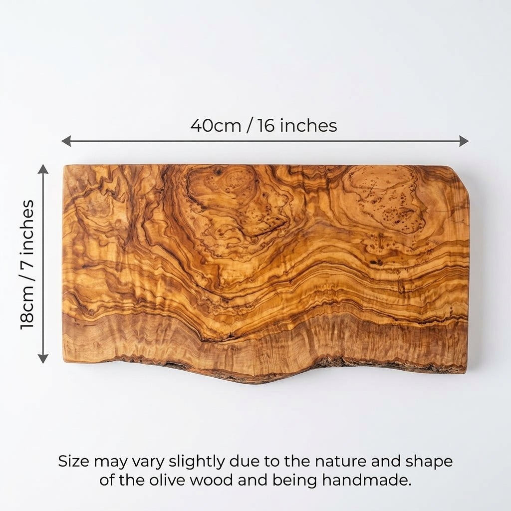 OLIVIKO rectangular olive wood cutting board, close-up grain detail