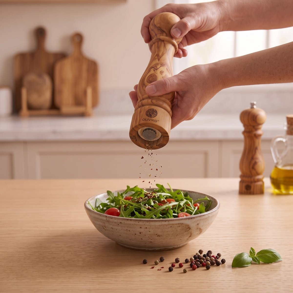 A wooden pepper mill with the brand name 'OULOUROU' visible near the base, styled on a rustic wooden table with a small bowl of peppercorns, fresh herbs, a bottle of olive oil