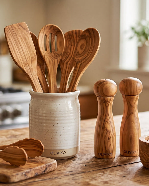  Oliviko wooden kitchen utensils and accessories displayed on a rustic wooden table in a warm, softly lit kitchen setting. The set includes a cream-colored ceramic utensil holder filled with wooden spoons and spatulas, two wooden salt and pepper mills, a wooden bowl with a lid, and wooden serving utensils on a cutting board.