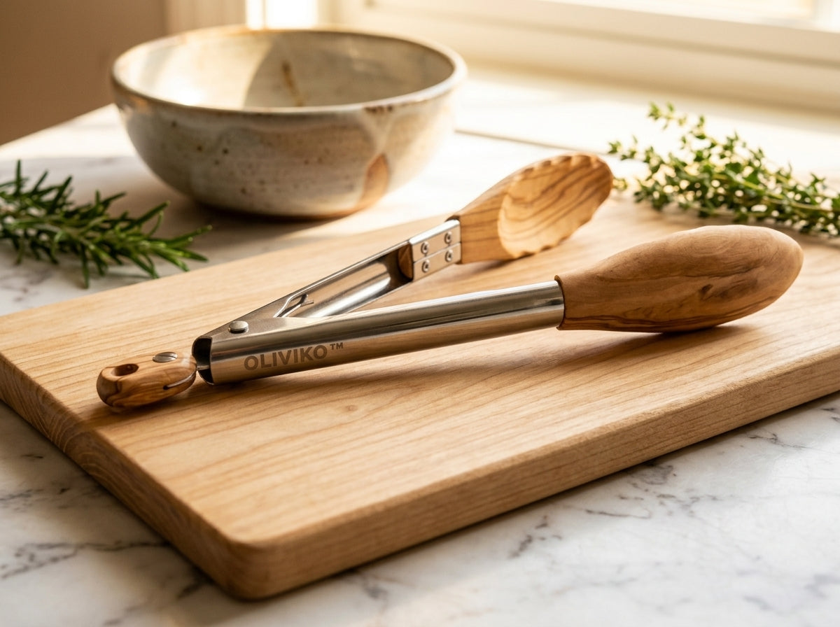 OLIVIKO Olive Wood & Stainless Steel Kitchen Utensils Tongs