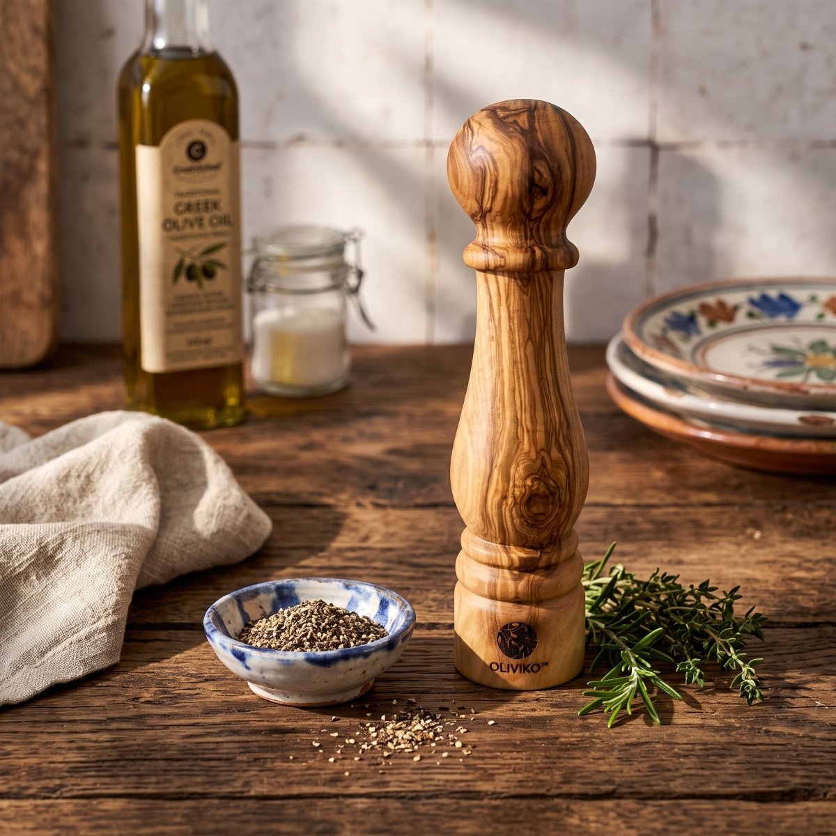 A wooden pepper mill with the brand name 'OULOUROU' visible near the base, styled on a rustic wooden table with a small bowl of peppercorns, fresh herbs, a bottle of olive oil, and plates in the background.