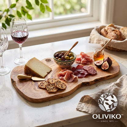 Handmade OLIVIKO 16x8 inch olive wood cutting board with natural grain patterns