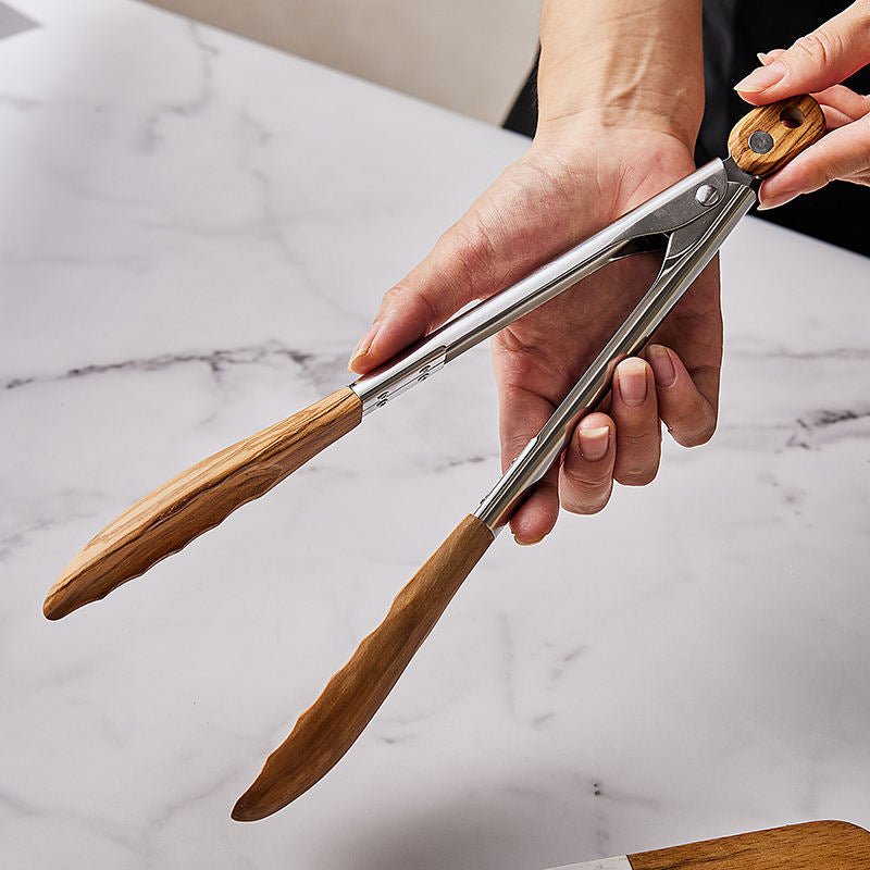OLIVIKO Olive Wood & Stainless Steel Kitchen Utensils Tongs – 11.5"