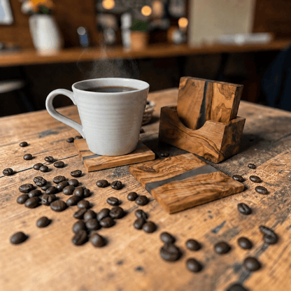 OLIVIKO olive wood resin square coasters set of 4 with holder – water-resistant surface, easy to wipe clean