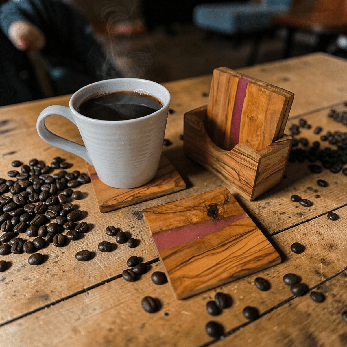 OLIVIKO handcrafted olive wood and resin coasters set – close-up showing vibrant resin inlays and wood grain