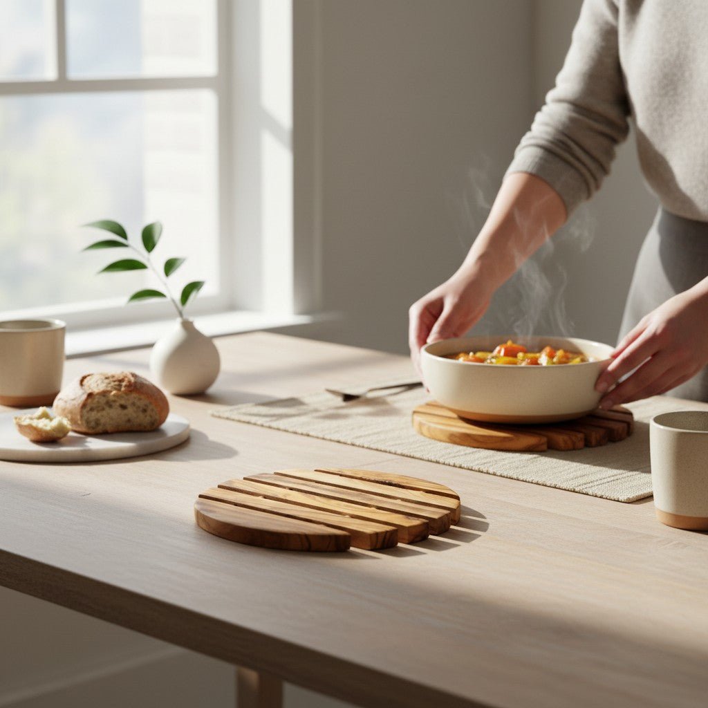OLIVIKO olive wood trivet round 7.5 inch – slatted design allows airflow, protects countertops from heat