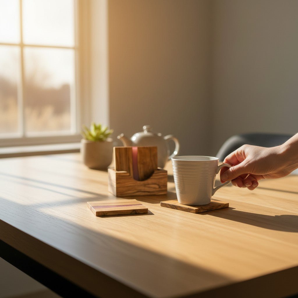 OLIVIKO olive wood and resin coaster in use on dining table – protecting surface while displaying natural beauty