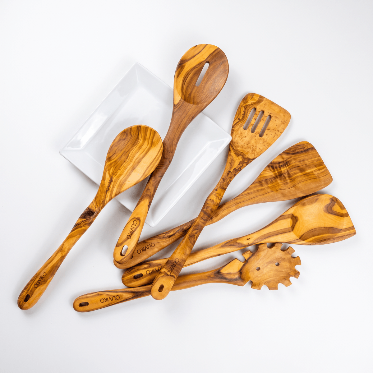OLIVIKO Olive Wood Pasta & Cooking Set – 7 Piece with Salad Tongs - oliviko