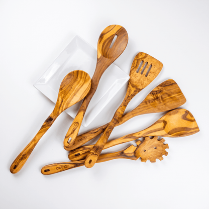OLIVIKO Olive Wood Pasta & Cooking Set – 7 Piece with Salad Tongs - oliviko