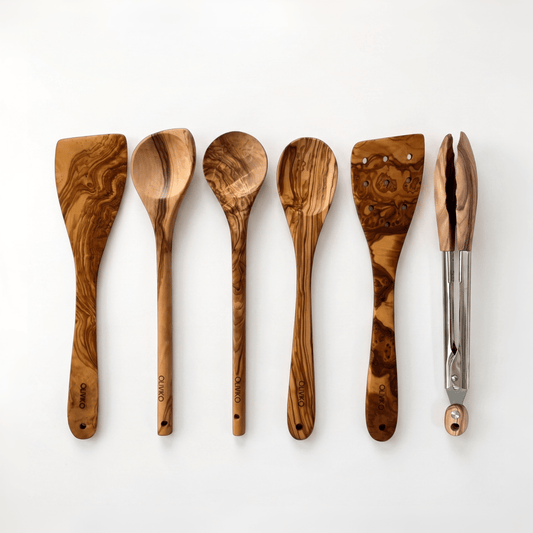 OLIVIKO Olive Wood Cooking Set – 6 Piece with Salad Tongs