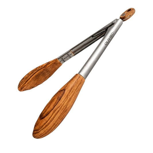 OLIVIKO Olive Wood & Stainless Steel Kitchen Utensils Tongs – 11.5"