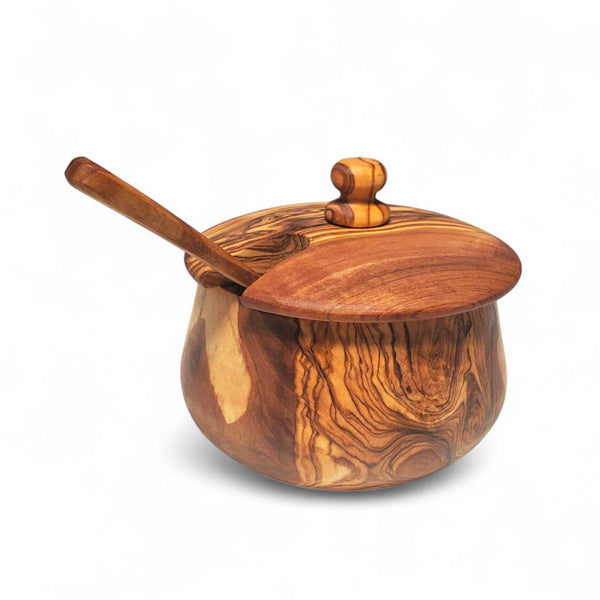 OLIVIKO Olive Wood handcrafted sugar bowl with lid and spoon made from premium Mediterranean olive wood