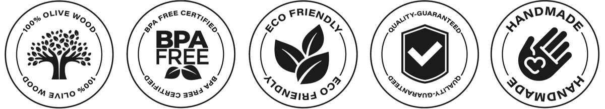 Olive wood product badges showing 100% natural olive wood, BPA-free, eco-friendly, handmade, and quality-guaranteed certification
