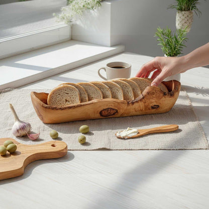 Handmade Olive Wood Bread and Fruit Serving Basket – 13 × 4 in (32 × 10 cm)
