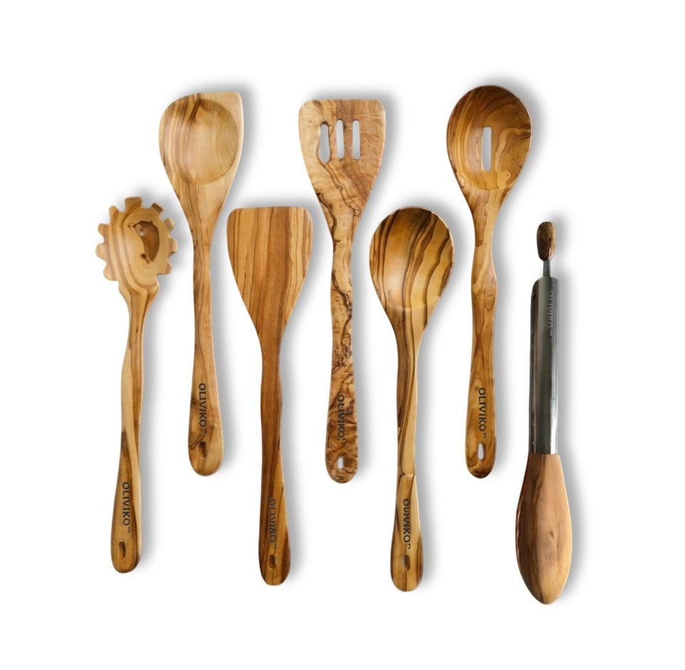 OLIVIKO Olive Wood Pasta & Cooking Set – 7 Piece with Salad Tongs