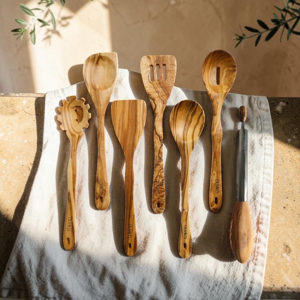 OLIVIKO Olive Wood Pasta & Cooking Set – 7 Piece with Salad Tongs