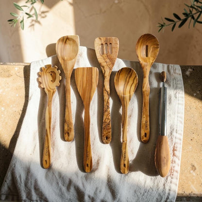 OLIVIKO Olive Wood Pasta & Cooking Set – 7 Piece with Salad Tongs