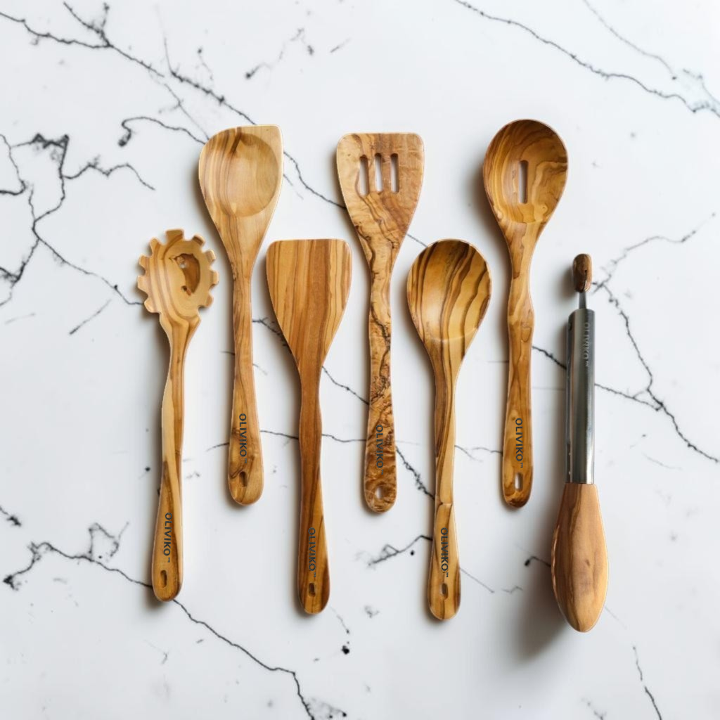 OLIVIKO Olive Wood Pasta & Cooking Set – 7 Piece with Salad Tongs