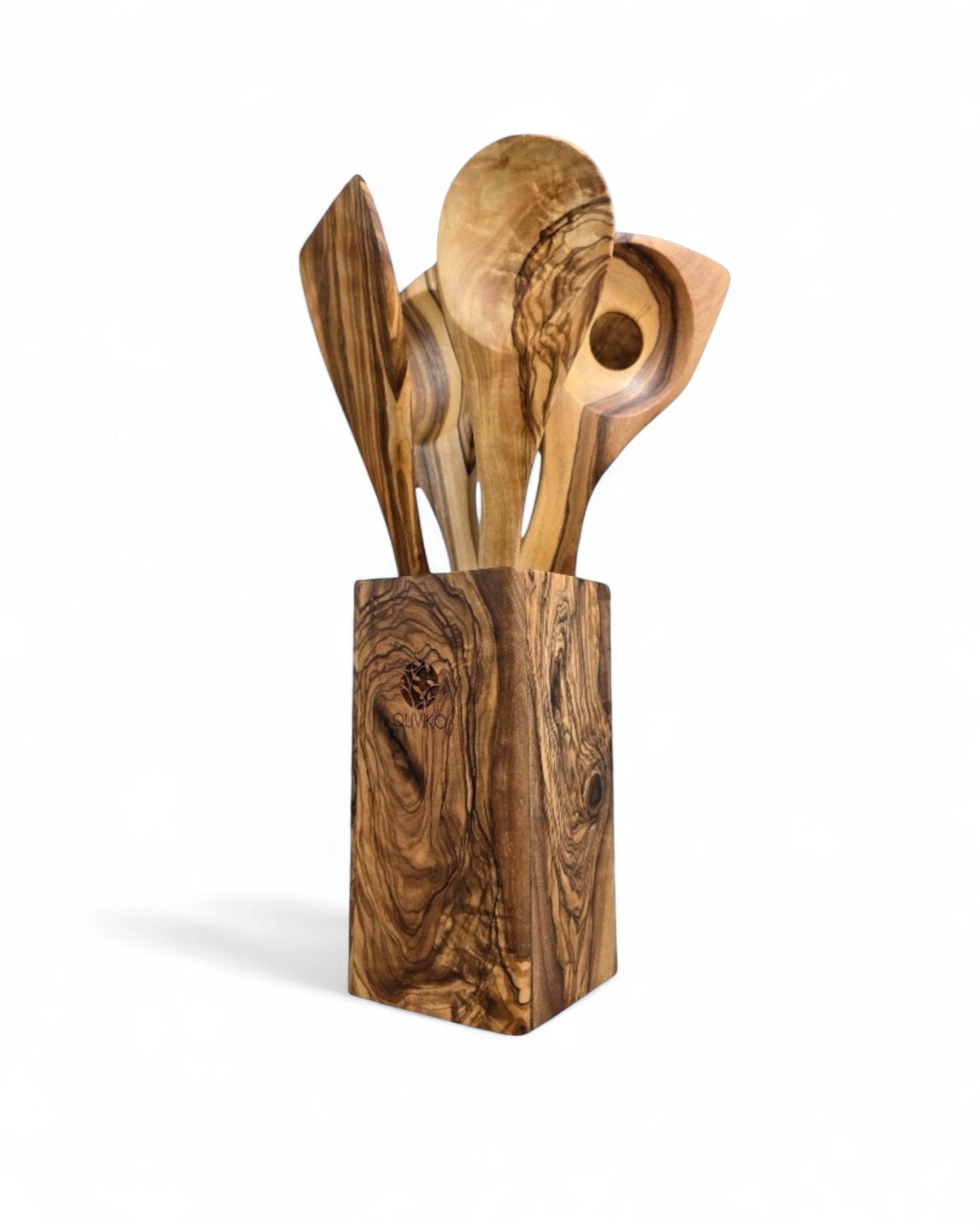 Handcrafted Olive Wood Utensil Set with Holder – 1 Spatulas, Fork & 3 Spoons