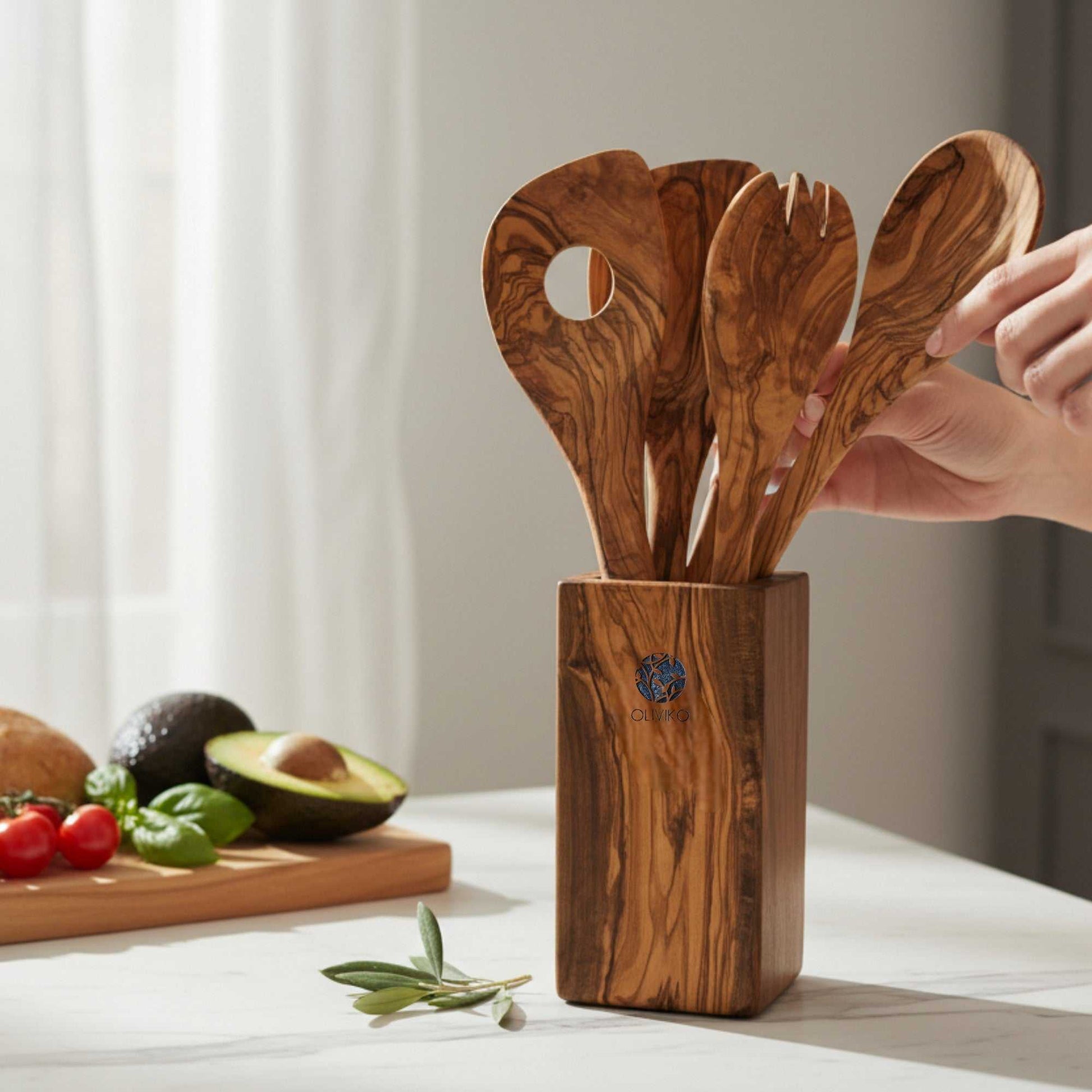 Handcrafted Olive Wood Utensil Set with olive wood spatula, fork, spoons, and holder