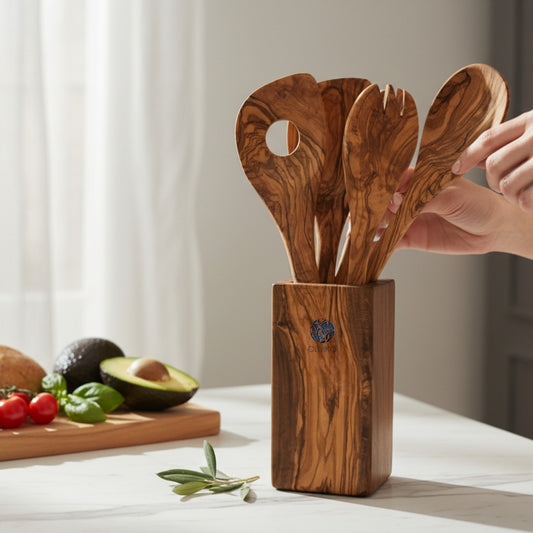 Handcrafted Olive Wood Utensil Set with Holder – 1 Spatulas, Fork & 3 Spoons