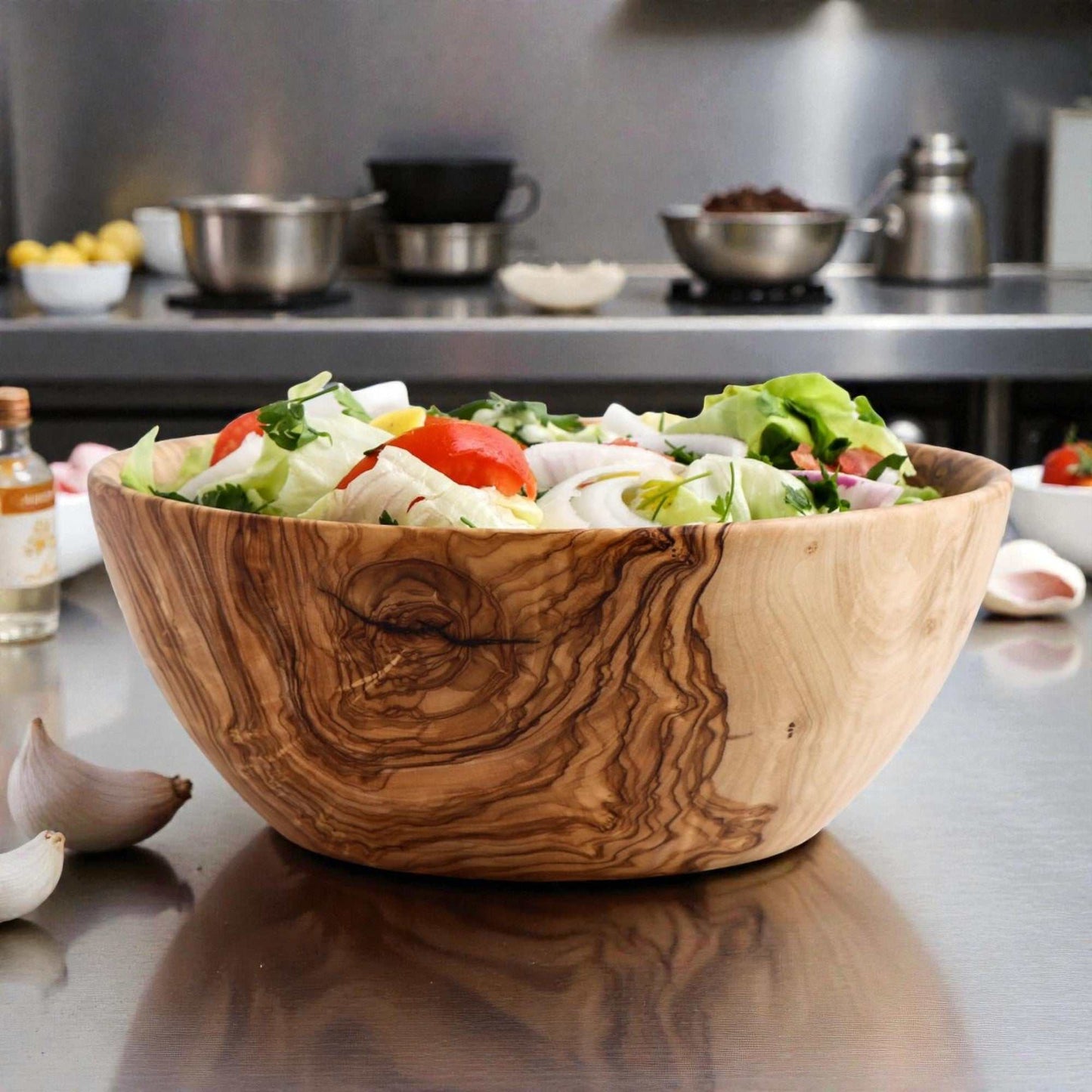 OLIVIKO Olive Wood Bowl handmade natural wooden salad bowl with unique grain patterns filled with fresh salad on kitchen counter