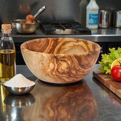 OLIVIKO Olive Wood Bowl handcrafted natural wooden salad bowl with unique grain patterns on kitchen counter