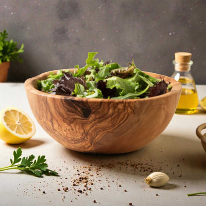 OLIVIKO Olive Wood Bowl handcrafted natural wooden salad bowl with unique grain patterns filled with fresh salad