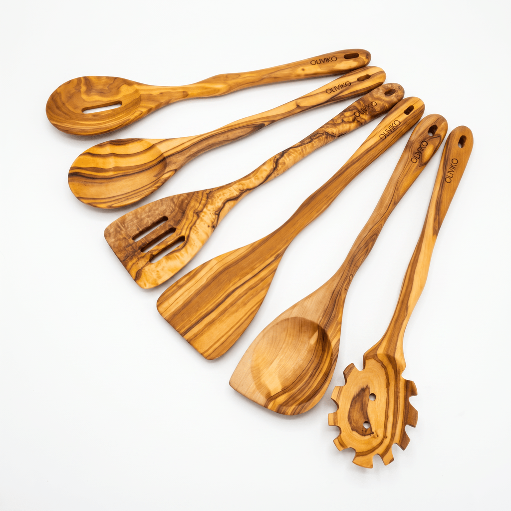 OLIVIKO™ Handmade Olive Wood Utensils Kit – 6 Piece (2 Spatula + 4 Spoon)