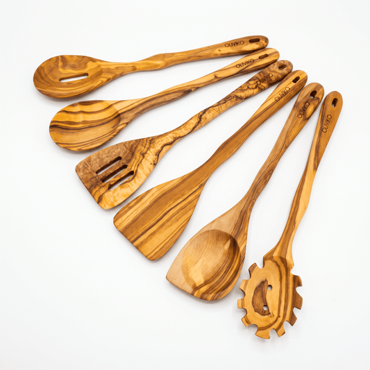 OLIVIKO™ Handmade Olive Wood Utensils Kit – 6 Piece (2 Spatula + 4 Spoon)