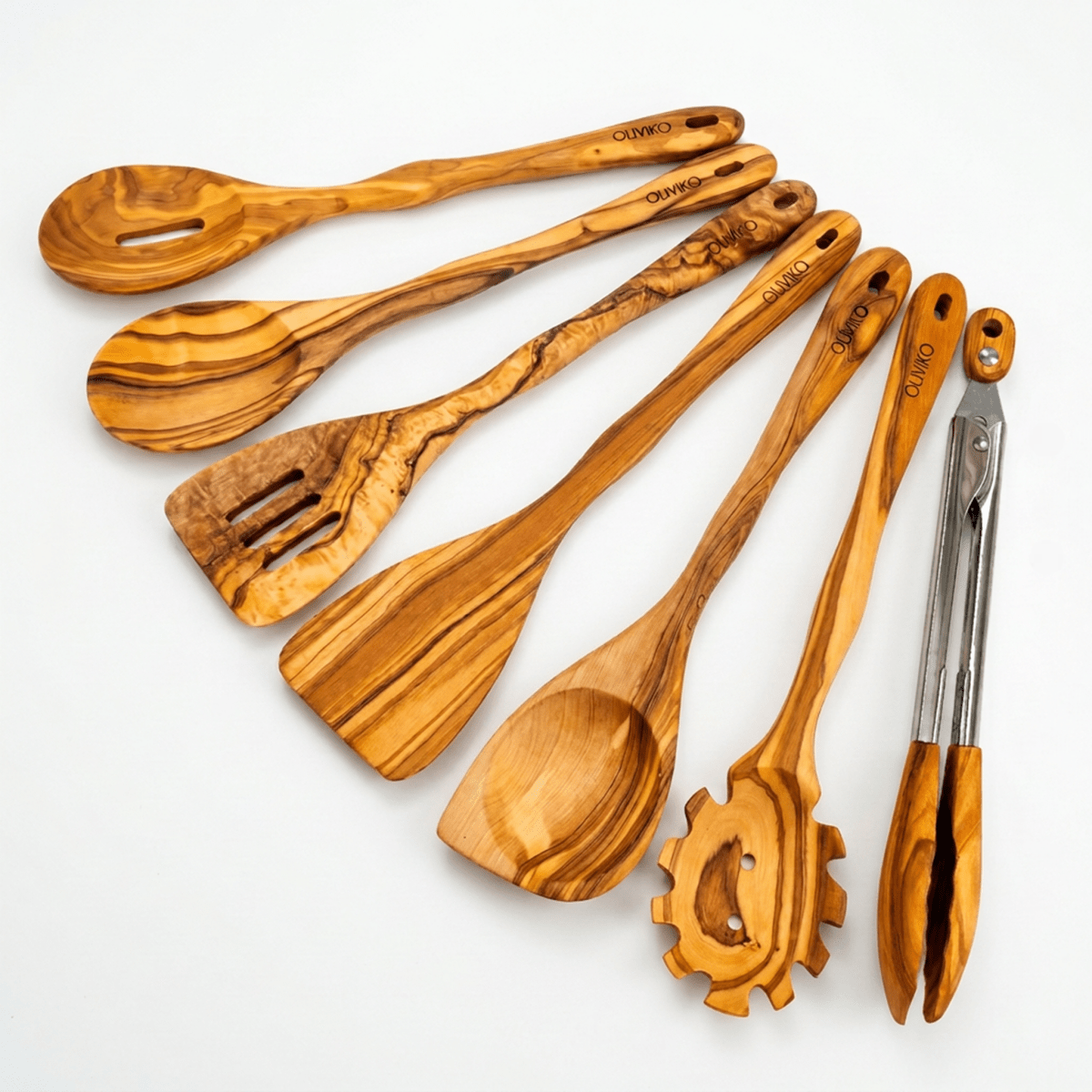 OLIVIKO Olive Wood Pasta & Cooking Set – 7 Piece with Salad Tongs - oliviko