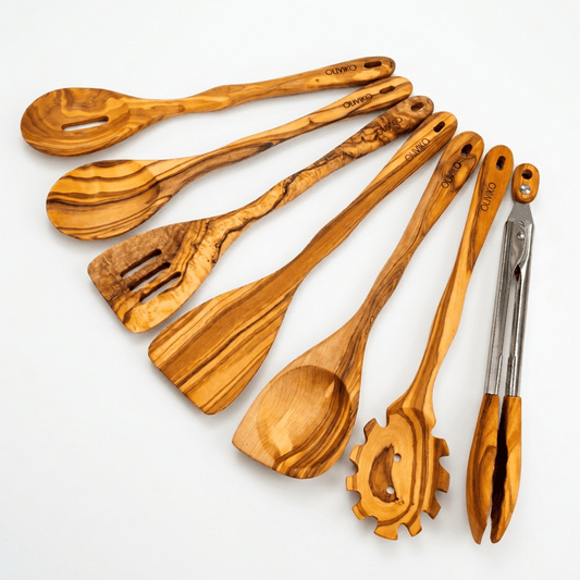 OLIVIKO Olive Wood Pasta & Cooking Set – 7 Piece with Salad Tongs
