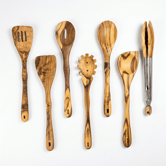OLIVIKO Olive Wood Pasta & Cooking Set – 7 Piece with Salad Tongs
