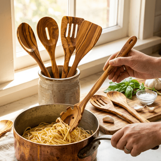 OLIVIKO™ Handmade Olive Wood Utensils Kit – 6 Piece (2 Spatula + 4 Spoon)