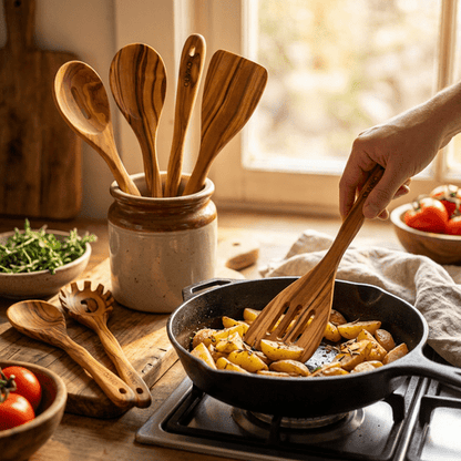 OLIVIKO™ Handmade Olive Wood Utensils Kit – 6 Piece (2 Spatula + 4 Spoon)