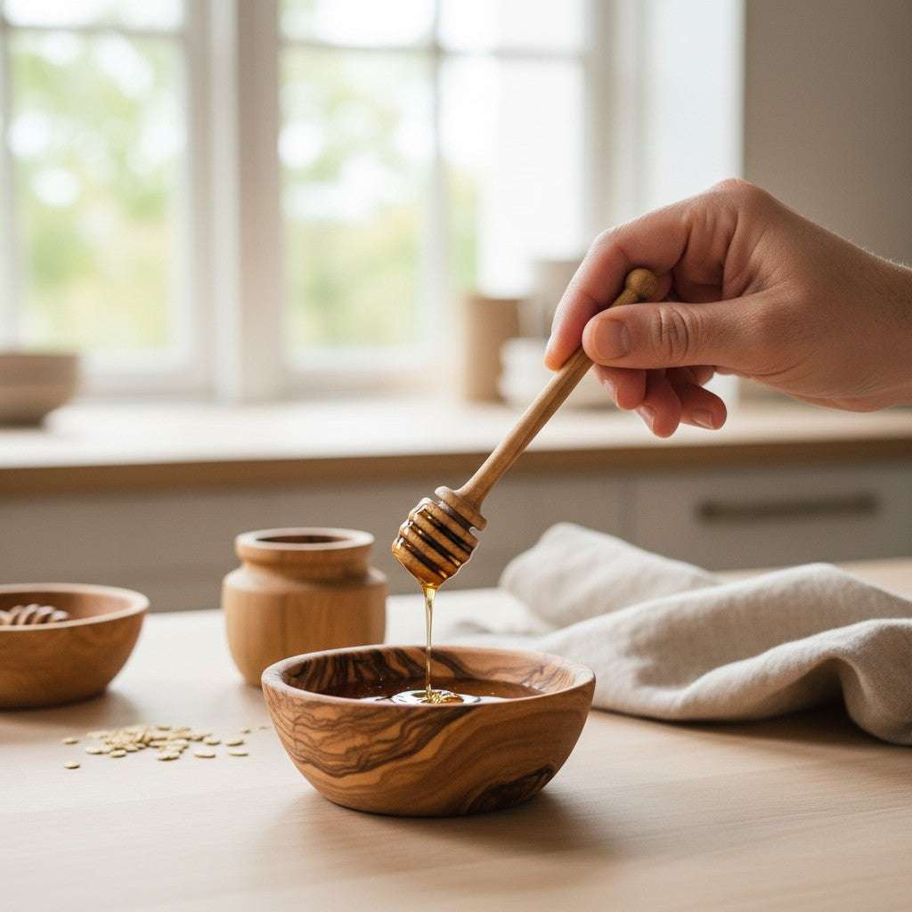 Handcrafted olive wood honey dipper with grooved head for smooth honey drizzling, made from solid, food-safe olive wood.