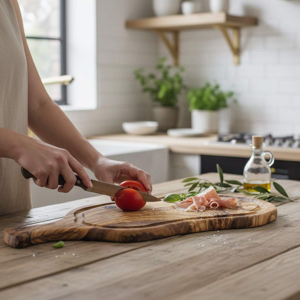 OLIVIKO 100 Olive Wood cutting board with handle, 20x8 inch, natural one-piece olive wood design