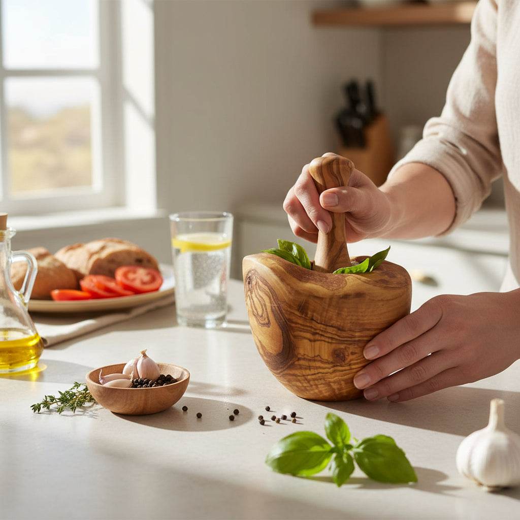 Person using OLIVIKO olive wood mortar and pestle to grind fresh herbs in a kitchen setting