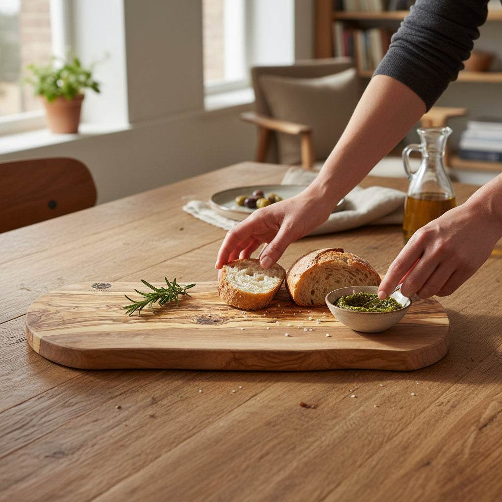 Handmade olive wood cutting board 16x8 inches with natural grain patterns and durable food-safe surface