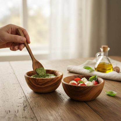 Handmade olive wood bowls set in small, medium, and large sizes showcasing unique grain patterns