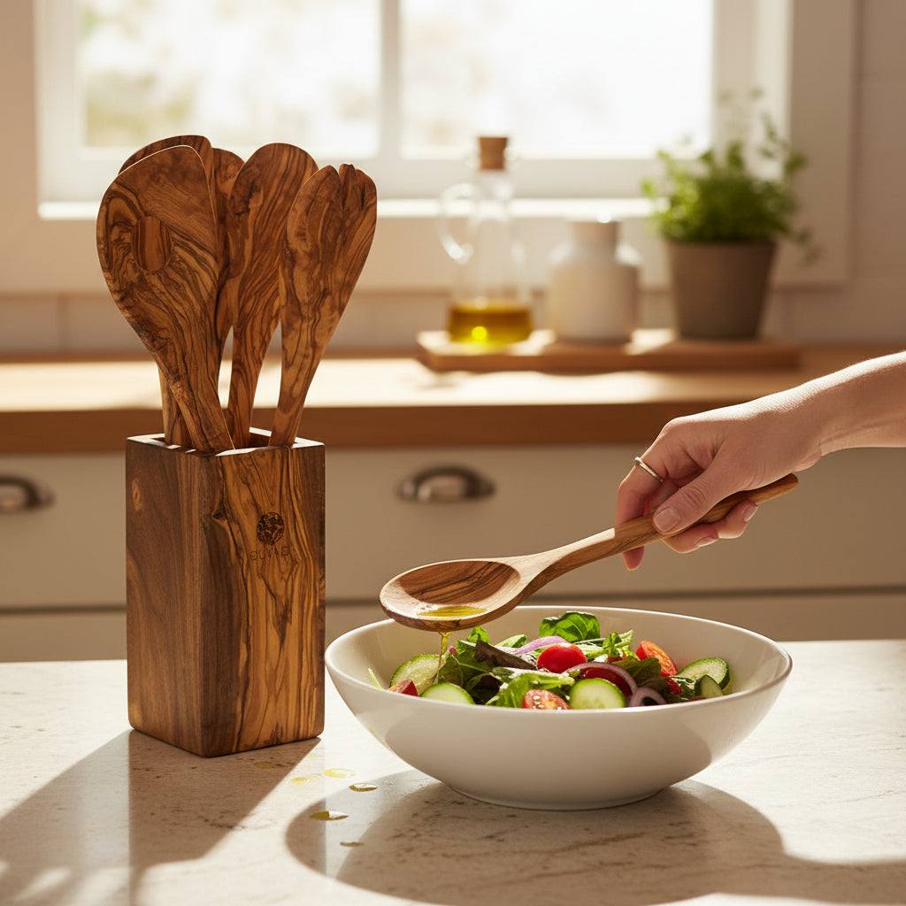Handcrafted Olive Wood Utensil Set with olive wood spatula, fork, spoons, and holder
