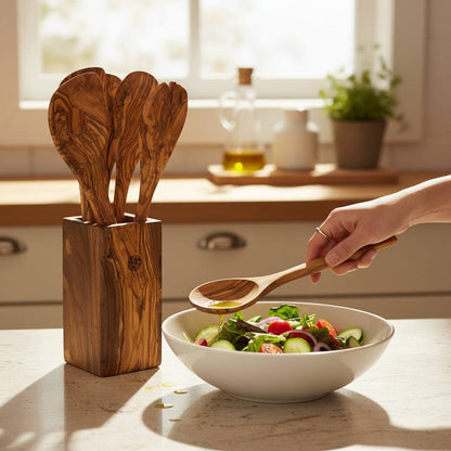 Handcrafted Olive Wood Utensil Set with olive wood spatula, fork, spoons, and holder