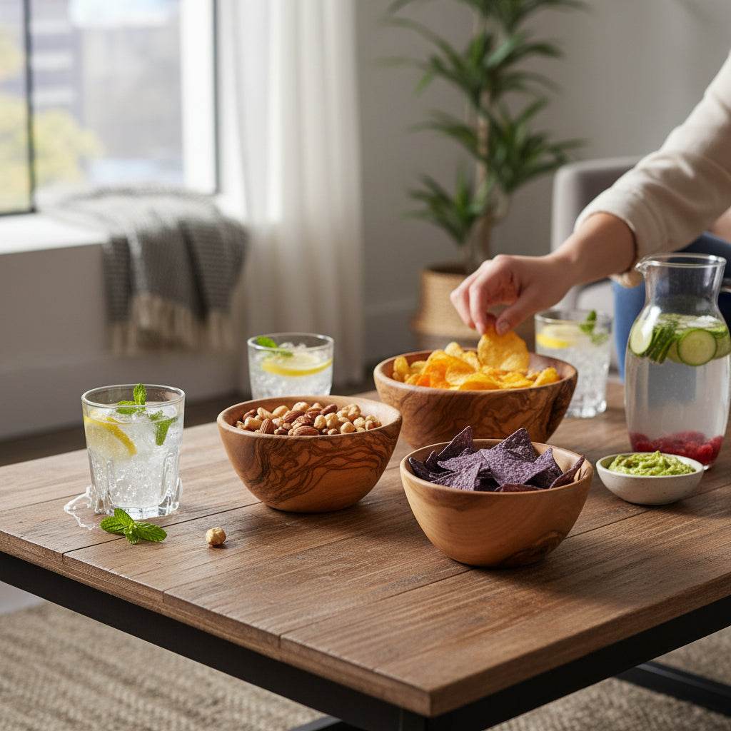 Set of three handmade olive wood bowls in varying sizes with natural grain patterns