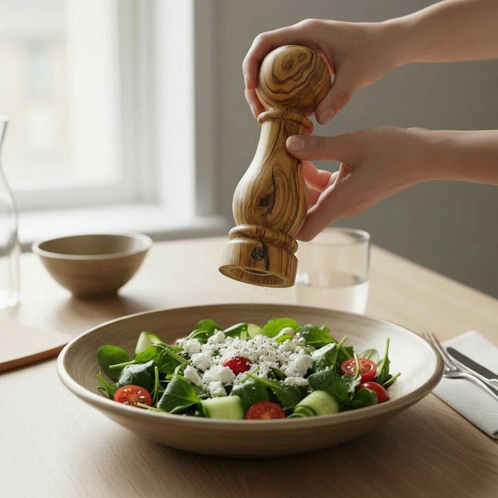 Olive Wood pepper grinder Mill with 'CrushGrind' branding on a white background