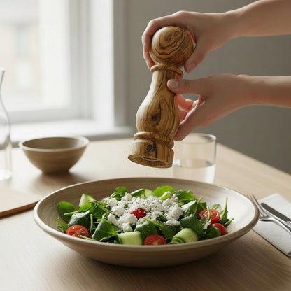 Olive Wood pepper grinder Mill with 'CrushGrind' branding on a white background