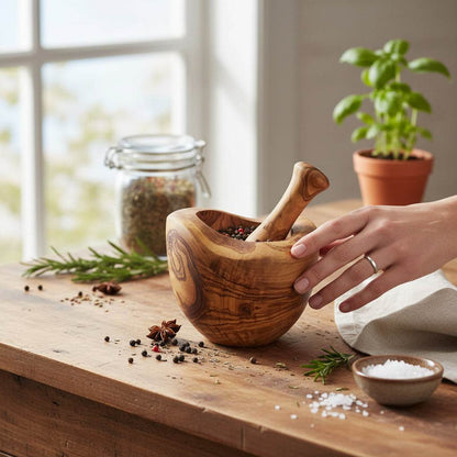 OLIVIKO Olive Wood Mortar and Pestle handcrafted from Mediterranean olive wood on kitchen countertop with spices