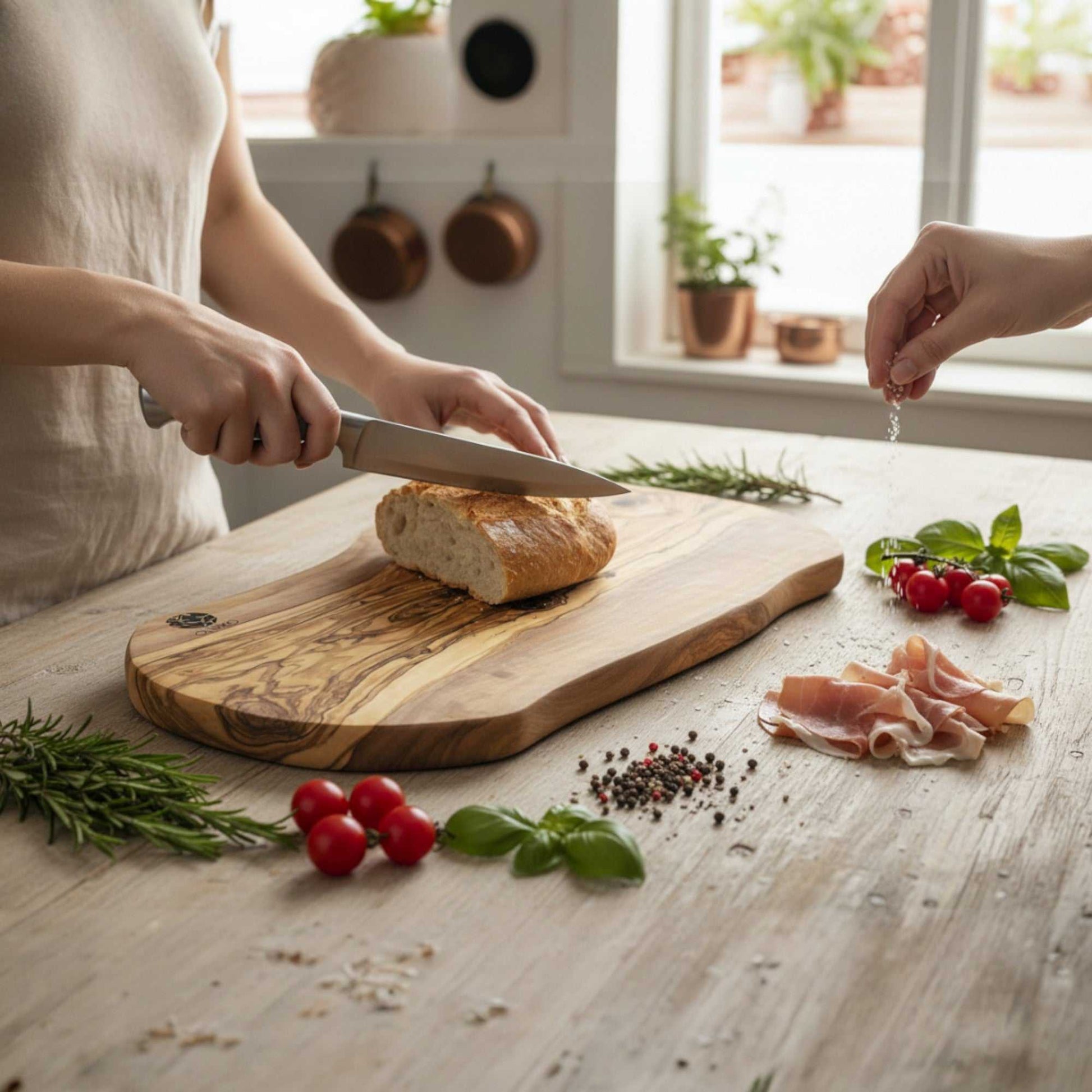 Handmade OLIVIKO 16x8 inch olive wood cutting board with natural grain patterns