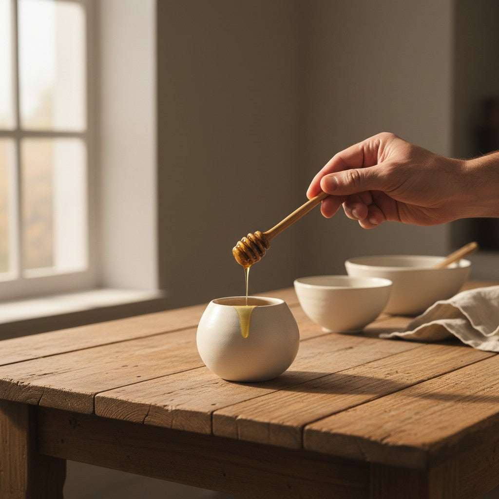 Handcrafted olive wood honey dipper with natural grain and grooved head for easy honey drizzle